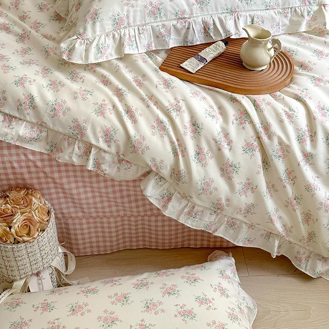 mixinni Pink Floral Duvet Cover Set Queen Size - 100% Cotton Ruffle Lace Bedding Set for Girls, Romantic Cottagecore Style Duvet Cover with Zipper Closure, Soft Aesthetic Princess Bedding-Queen
