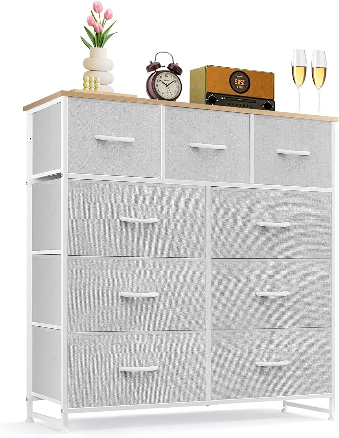 9-Drawer Dresser for Bedroom, Anti-Tip Tall Storage Organizer | Chest of Drawers with Wooden Top and Metal Frame Fabric Bins for Closet, Living Room, Hallway, Entryway, Light Gray