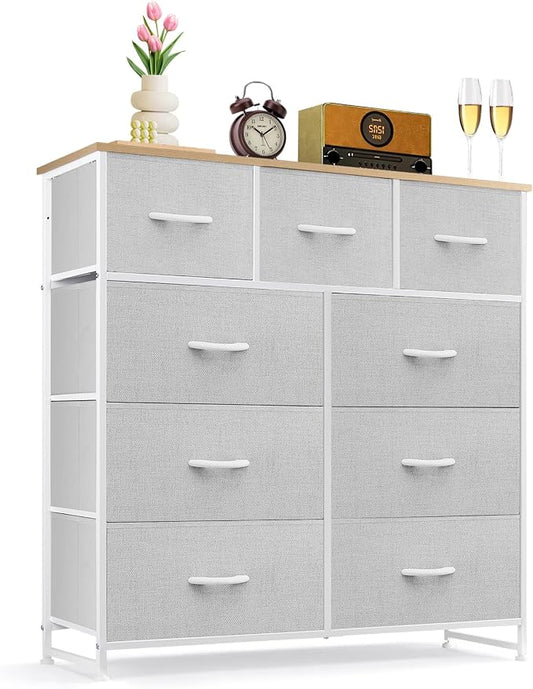 9-Drawer Dresser for Bedroom, Anti-Tip Tall Storage Organizer | Chest of Drawers with Wooden Top and Metal Frame Fabric Bins for Closet, Living Room, Hallway, Entryway, Light Gray