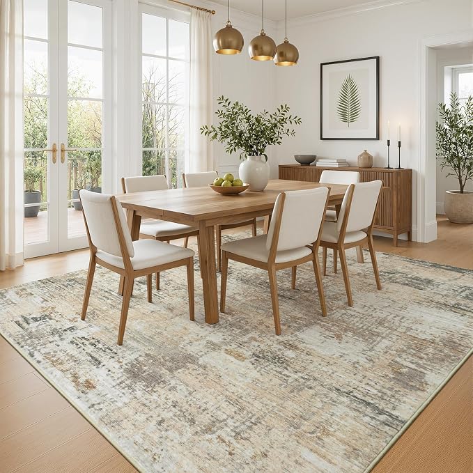 Rugflix 8x10 Area Rugs for Living Room, Washable Gold Beige Grey Large Rug | Machine Washable; Stain-Resistant; Low Pile; Non-Slip; Modern Abstract; Carpet for Bedroom Dining Office Nursery Home