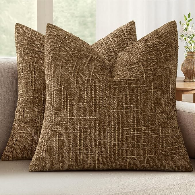 MIULEE Chenille Textured Fall Throw Pillow Covers Bronze 18x18 Set of 2 | Slubby Decorative Pillows, Boho Farmhouse Rustic Home Decor, Modern Neutral Cushion Covers for Couch Sofa Bed Living Room