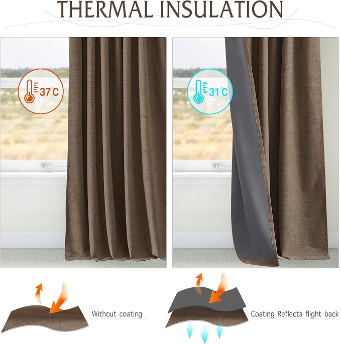 RYB HOME Brown 100% Blackout Short Curtains 45 Inches Long for Cafe | Thermal Insulated, Linen Texture, Light Blocking, for Kitchen RV Bathroom Basement Garage, Small Window, W52 x L45, 2 Panels