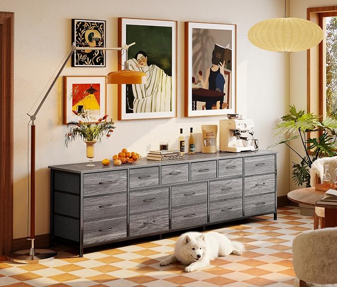 Huuger 77.6" Long Dresser for Bedroom, 16 Drawer Fabric Dresser for Closet, Wide Chest of Drawers with Storage, TV Stand for 65, 75, 85 Inch TV, 77.6" W x 13" D x 26.4" H, Grey