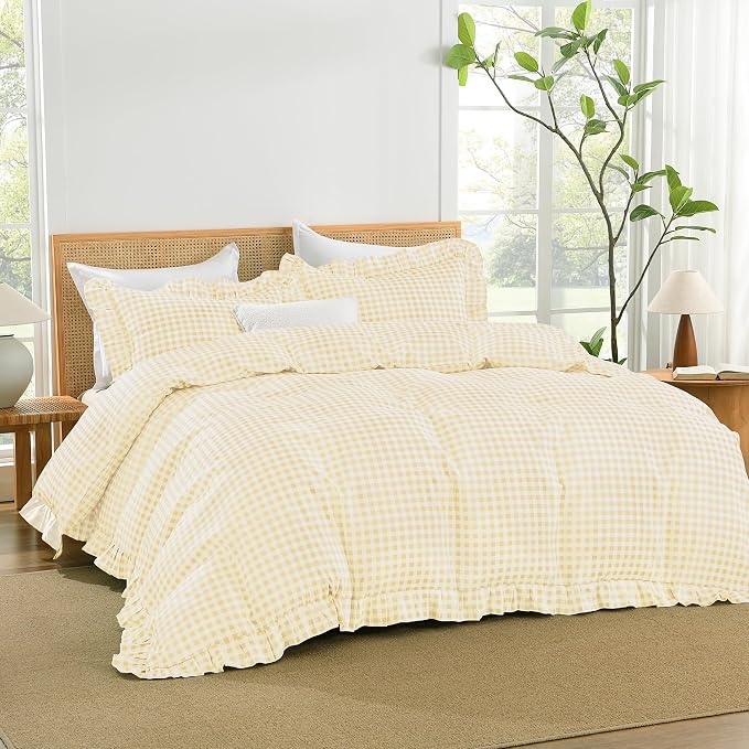 Andency Yellow Gingham Duvet Cover King, Ruffle Shabby Bedding Set 3 Pcs | Farmhouse Soft Pre-Washed Polyester Comforter Cover with Zipper Closure & Corner Ties, 104x90Inch