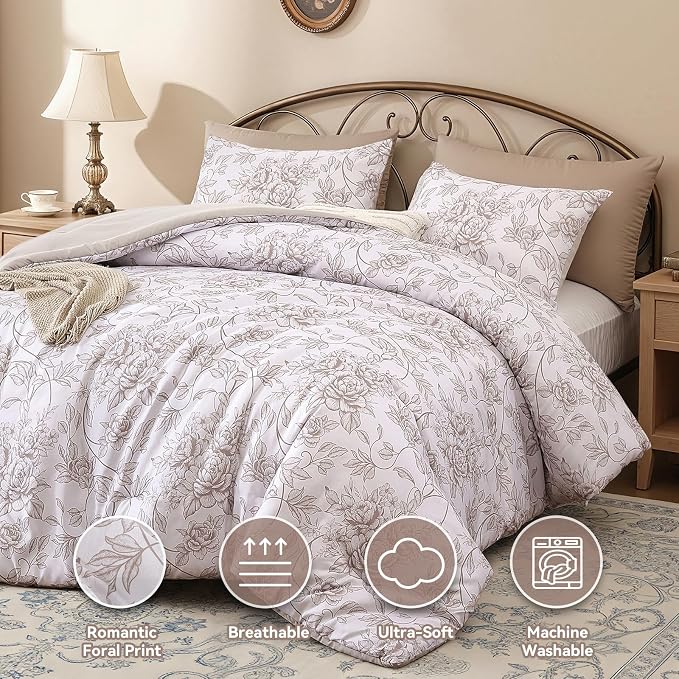 JANZAA Queen Size Comforter Set - Oatmeal Floral Shabby Chic Bedding | 3 Piece Cute Floral Bedding for All Season, 1 Soft Fluffy Breathable Microfiber Comforter Set with 2 Pillowcases