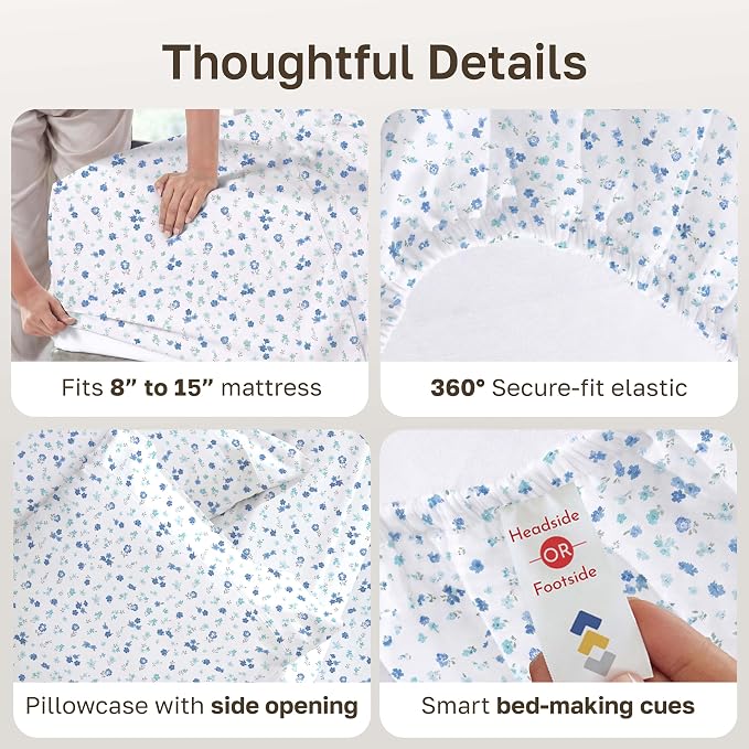 California Design Den 100% Cotton Sateen 3 Pc Dorm Sheets Twin XL Set | 400 Thread Count Backed by Good Housekeeping Seal, All-Around Elastic, Durable, Easy Care - Floral White/Blues Print