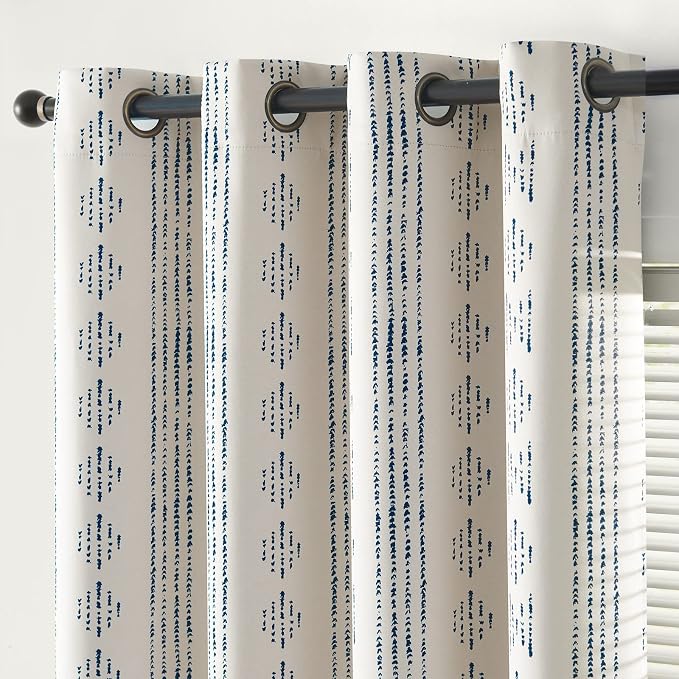 jinchan Boho Blackout Curtains 63 Inch Length for Bedroom Living Room | Blue on Beige Geometric Grommet Curtains Room Darkening Thermal Insulated Window Treatments 2 Panels