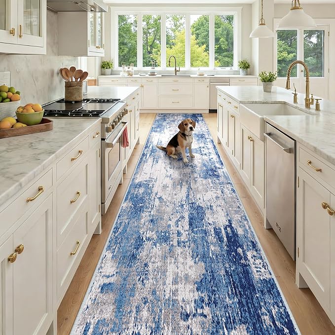 RELEANY Washable Runner 3'x12' Abstract Area Rug for Hallway Blue Gray | Carpet for Kitchen, Entryway, Bathroom, Living Room, Bedroom, Printed Pattern, Non‑Slip, Soft, Stain‑Resistant, Easy to Clean