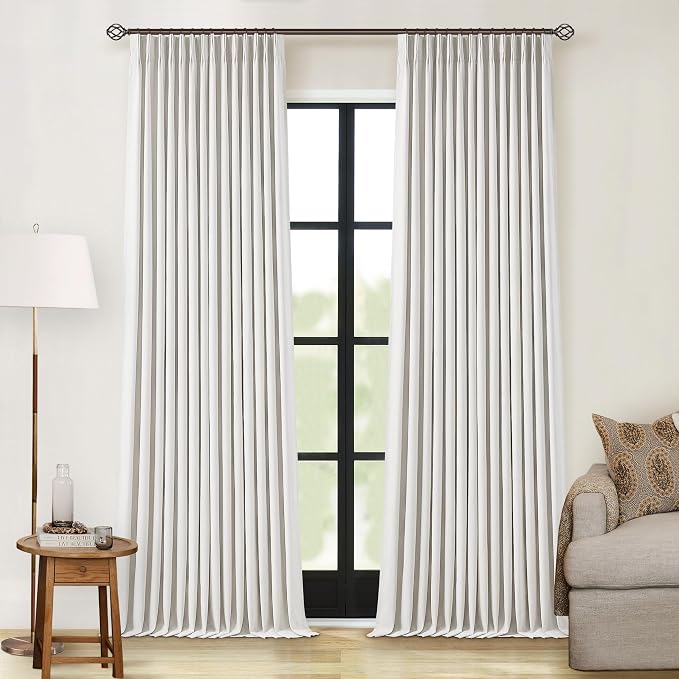 Off White Pinch Pleated 100% Blackout Curtains 102 Inches Long | Linen Blend Window Curtains with Dual Layer, for Bedroom Living Room, Thermal Insulated, Back Tab Pinch Pleat Drapes Ivory