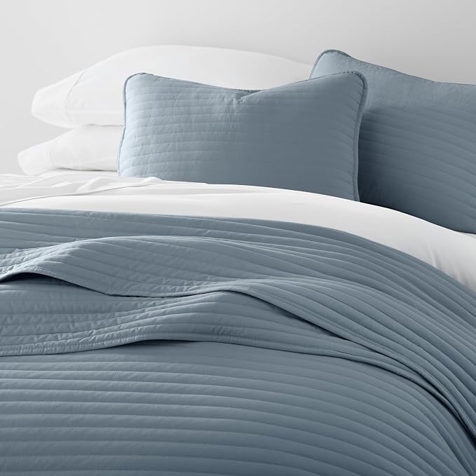 Merit Linens Modern Quilt Coverlet Soft Set in Stripe Stitching - Full/Queen Dusk Blue
