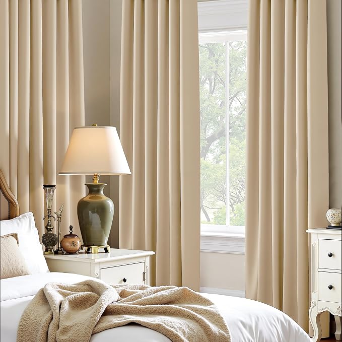 PONY DANCE Short Black Out Curtains 48 inch Long for Small Window, Rod Pocket Privacy Bathroom Draperies, Lighting Blocking Drapes for Basement(2 Panels Set, Biscotti Beige, W42 x L48 inches)