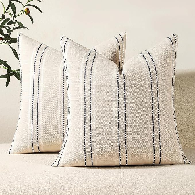 Hckot Stripe Throw Pillow Covers 26x26 Large Square Navy Blue Pillow Cover | Farmhouse Decorative Pillows Textured Linen Euro Sham Cushion Covers for Sofa Couch Bed Living Room Decor