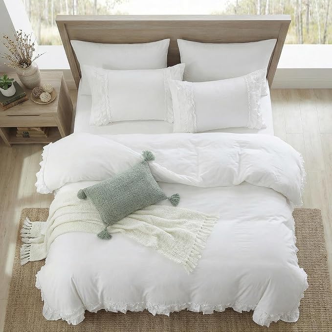 Bedorm White King Duvet Cover Pure Ivory Ruffle Bedding Set Pleat Ruffled Shabby Chic Comforter Cover Extra Soft & Easy Care White Boho Duvet Cover Set