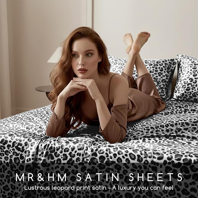MR&HM Satin Sheets Full Size with Elastic Corner Straps, White Leopard | Similar to Silk, 4-Piece Silky Soft Bed Sheet Set, Gentle on Skin and Hair, 15" Deep Pocket, Cooling & Breathable