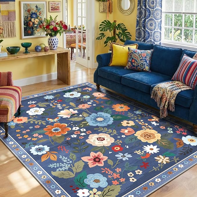 RELEANY Floral Washable 8x10 Area Rugs Blue/Grey | Flower Carpet, Print, Boho, Non-Slip, Easy to Clean, Soft, Low Pile for Living Room Bedroom Kitchen Office Entryway Hallway