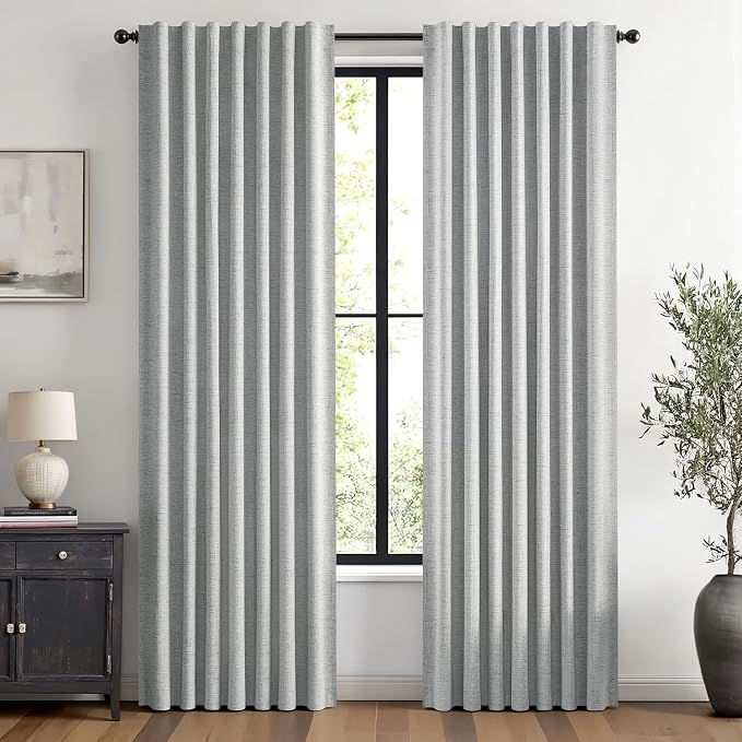 MIULEE 100% Blackout Linen Curtains for Bedroom 42 x 90 Inch Grey 2 Panels | Thermal Insulated, Room Darkening Drapes for Living Room, Back Tab Rod Pocket Pinch Pleated, Solid Luxury Decor