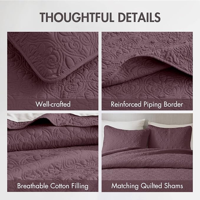 Madison Park Luxurious Cotton Damask Quilt Set, 3PC King/Cal King Bed Set | All Season, Lightweight Stitching Coverlet Bedspread Bedding Stitching with Shams, Purple