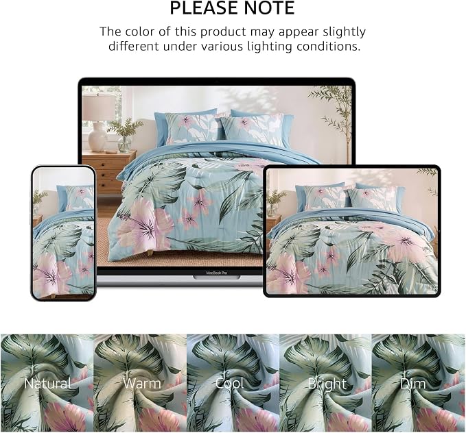 King Size Comforter Set - 7 Pieces Floral Bed in a Bag King Bedding Set | Tropical Palm Leaf Comforter Set with Sheets, Pillowcases & Shams for All Seasons, Blue
