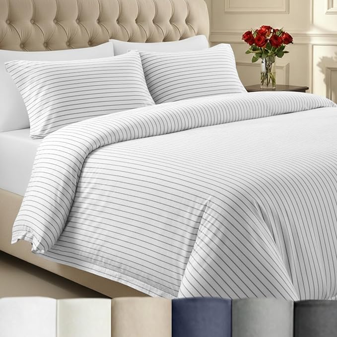 California Design Den Luxury Duvet Cover Set King, Pinstripe Print | Soft 400 Thread Count 100% Cotton Sateen Backed by GH Seal, Duvet Cover & Pillow Sham 3 Pc Set, Button Closure & Corner Ties