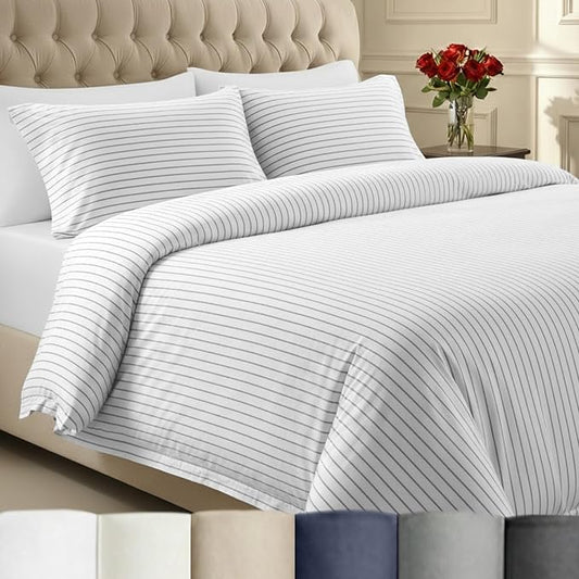 California Design Den Luxury Duvet Cover Set King, Pinstripe Print | Soft 400 Thread Count 100% Cotton Sateen Backed by GH Seal, Duvet Cover & Pillow Sham 3 Pc Set, Button Closure & Corner Ties