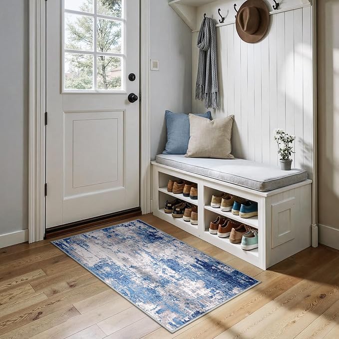 RELEANY Washable 2'x4' Abstract Area Rug for Living Room Blue Gray | Carpet for Bedroom, Kitchen, Office, Hallway and Entryway, Printed Pattern, Non‑Slip, Soft, Stain‑Resistant, Easy to Clean