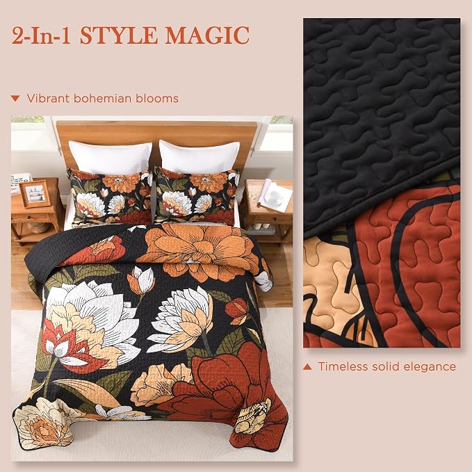 Andency California King Quilt, Cal King Oversized Black Floral Bedspread | 3 Pieces Brown Boho Summer Flower Botanical Summer Bedspreads with 2 Shams, Reversible Polyester for All Seasons, 112"x104"