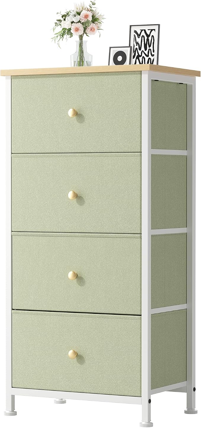 DUMOS Night Stand with 4 Drawers, Bedside Table for Bedroom | Nightstand with Removable Fabric Bins, Steel Frame with Wood Top, Small Storage Tower for Bedroom Closet, Light Green