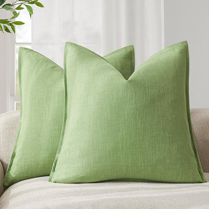 Foindtower Linen Solid Decorative Throw Pillow Covers 24x24 Inch Lime Green | Boho Farmhouse Morden Pillowcase,Pack of 2 Soft Accent Cushion Covers,Rustic Home Decor for Chair Couch Bedroom Living Room
