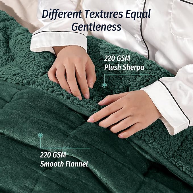 Sherpa Fleece Weighted Blanket for Adult 15 lbs Queen 60"x80" Green | Better Sleep, Relax Body & Mind, Dual Sided Soft Fuzzy Heavy Throw Blankets, Plush Flannel Top, Chunky Fluffy, Warm Hug