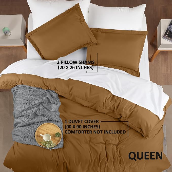 Duvet Cover Queen, 3 Piece Cotton Like Polyester With Zipper Closure, Mocha | Extra Soft and Breathable, Wrinkle & Fade Resistant, Includes Duvet Cover and 2 Pillow Shams, Comforter Not Included, OekoTex