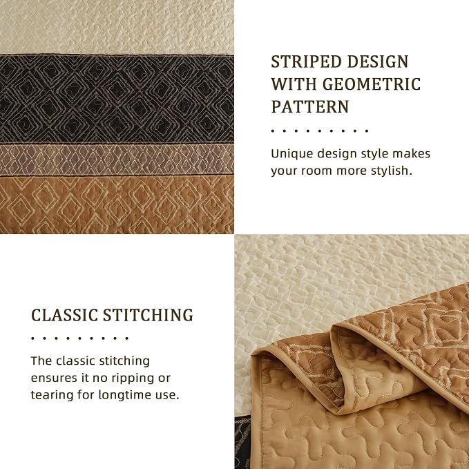 Cottolester Brown Quilt Set Full Size 3 Pieces,Boho Striped Bedspread Set | Farmhouse Plaid Bedding Set,Ligheweight Coverlets Set for Men Women,Soft Microfiber Quilt Bedding Set 78"x90"