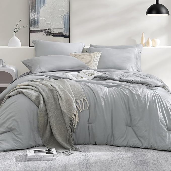 King Size Comforter Set- 7 Pieces Prewashed Bed in a Bag King Bedding Sets | Soft All Season Comforter with Sheets, Pillow Shams & Pillowcases, Light Grey