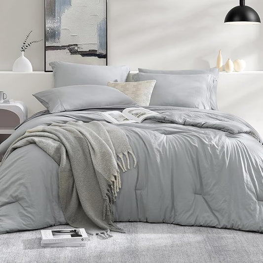 Full Size Comforter Sets-7 Pieces Ultra Soft Bed in a Bag Full Bedding Sets | Prewashed All Season Comforter with Sheets, Pillow Shams & Pillowcases,Light Grey