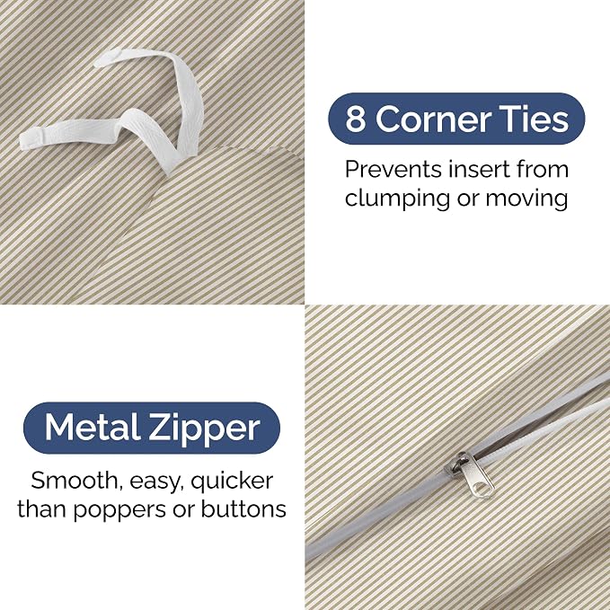 Duvet Cover Full Size - 3 Piece with Zipper Closure - Beige Stripes | Extra Soft, Breathable, Full Duvet Cover 80" x 90" with 2 Pillow Shams, Zipper Closures & Ties, Women, Men, Kids & Teens