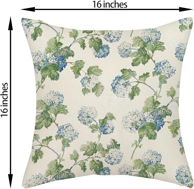 Blue Green Floral Pillow Covers 16x16 Inch 2 Pcs Vintage Flower Decor Throw Pillows Hydrangea Seasonal Spring Summer Outdoor Farmhouse Decoration Pillowcase Linen Cushion Cover for Couch Sofa Bed