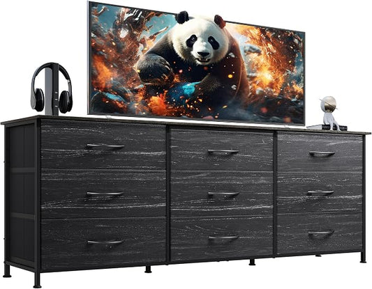 WLIVE Dresser TV Stand for 75 Inch TV, 9 Drawer Dresser, Black Wood Grain | Fits TVs up to 75 inch, 9 roomy fabric drawers, Wide wood tabletop, Living room or bedroom, Chest of drawers