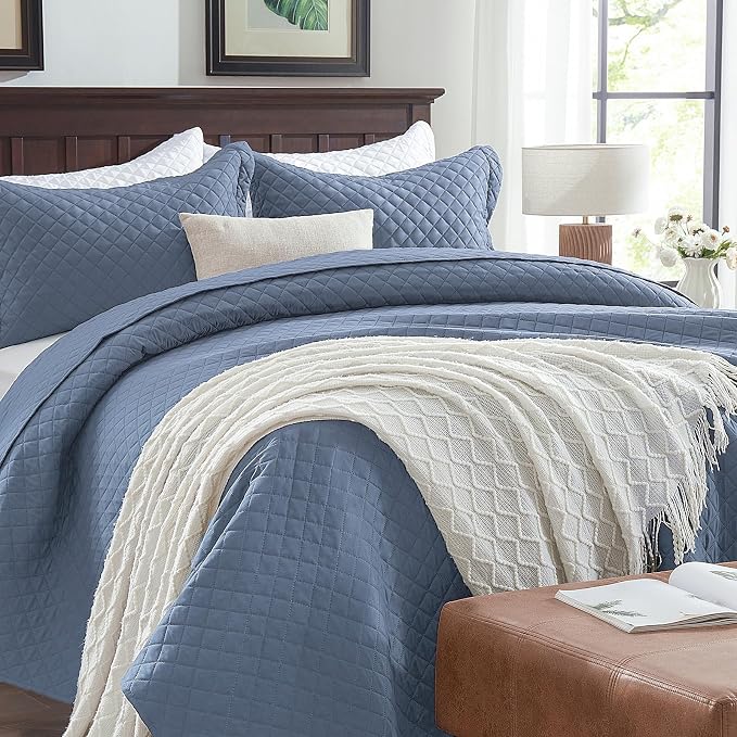 SunStyle Home King Quilt Bedding Set, Lightweight Summer Bedspreads,Blue | Soft Coverlet With 2 Pillow Shams,Morden Style Quilts for All Season,Suitable for Bed,Couch,Bedroom,Guest Room,106"X96"