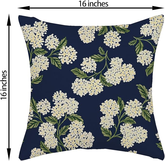 Navy Blue Spring Pillow Covers 16x16 Inch 2 Pcs Green Yellow Hydrangea Flower Decor Throw Pillows Vintage Floral Seasonal Summer Outdoor Decoration Pillowcase Linen Cushion Cover for Couch Sofa