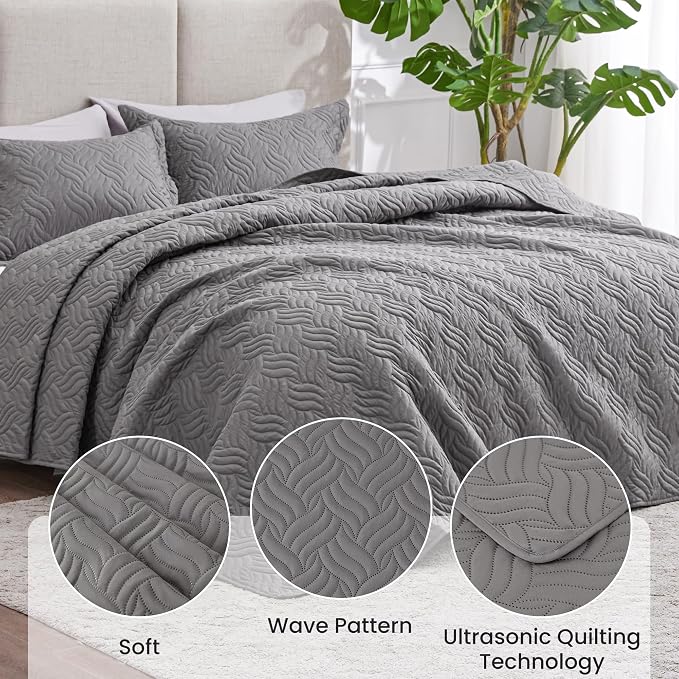 Love's cabin Quilts for Queen Bed Grey Bedspreads Bedding Set - Summer Lightweight Bedspread Comforter - Wave Pattern Bedding Coverlet for All Season - 3 Pieces (1 Quilt, 2 Pillow Shams)