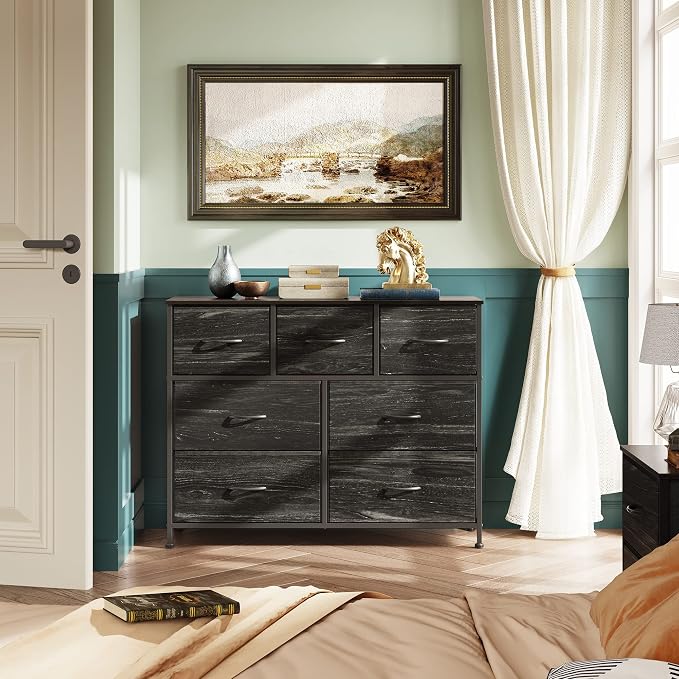 WLIVE Dresser for Bedroom, 7 Drawers, TV Stand, Black Wood Grain | 7 roomy fabric drawers, Fits TVs up to 45 inch, Bedroom or living room, Wide storage design, Chest of drawers