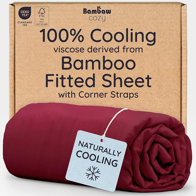 Bambaw 100% Viscose Derived from Bamboo King Size Fitted Sheet, Cooling, Deep Pocket, Burgundy