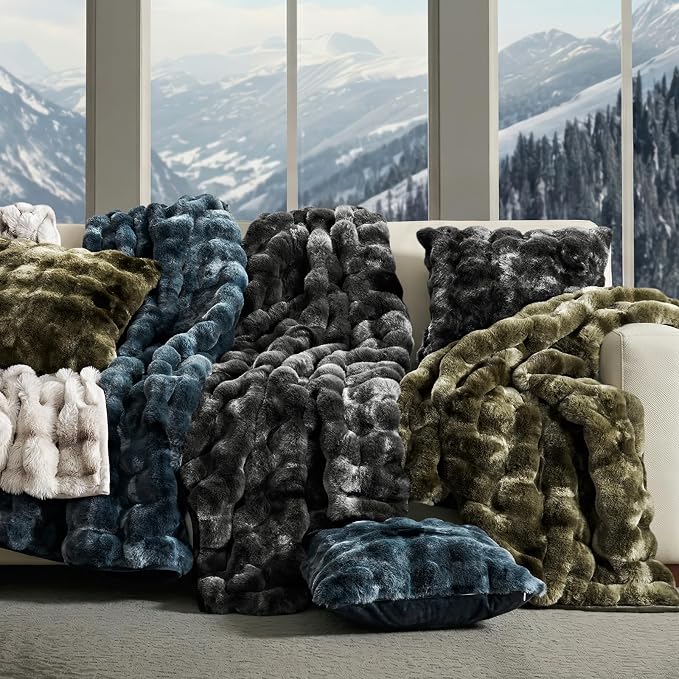 EverGrace Faux Rabbit Fur Bubble Throw Blanket, 60"x80", Marble Black | Ultra Soft, Luxury Faux Rabbit Fur Throw, Thick Warm Bubble Blanket, Cozy Fluffy Reversible, for Bed, Couch, Chair, Sofa