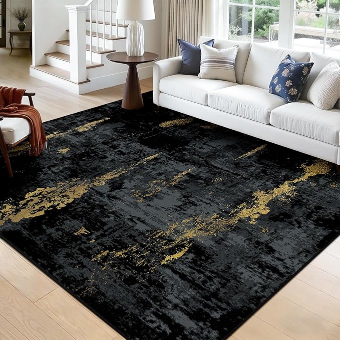 RELEANY Washable Square 9'x9' Area Rug for Living Room Black Gold | Carpet for Bedroom, Kitchen, Office, Hallway and Entryway, Printed Pattern, Non‑Slip, Soft, Stain‑Resistant, Easy to Clean