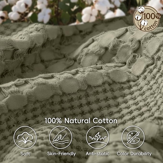 PHF Lightweight 100% Cotton Waffle Blanket for Bed, King, Dusty Sage | Pre-Washed Soft Cotton Comfort, Breathable Layering Warmth for Fall & Winter, Bed, Sofa, Couch, Home Decor & Gifts