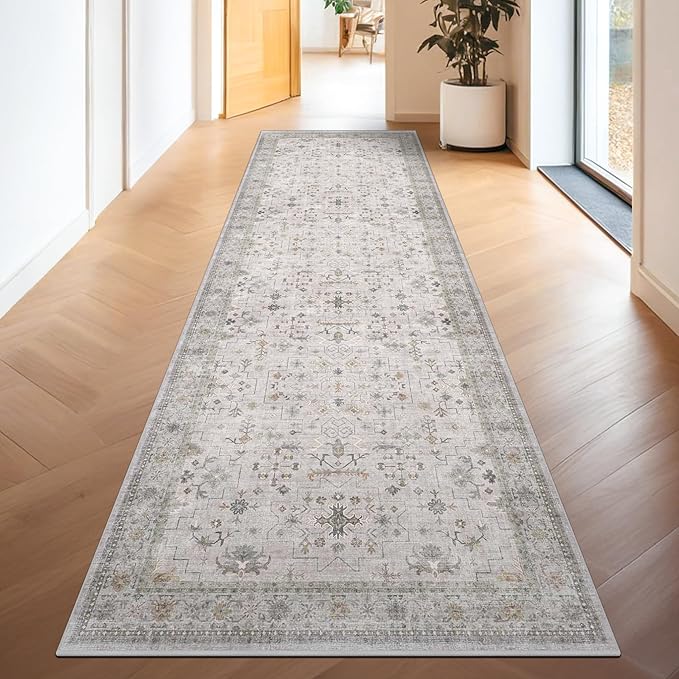 Washable 8ft Long Runners for Hallways, 2x8 Light Gray & Sage Kitchen Runner Rug, Entryway Indoor Runner for Bathroom, Non Slip Boho Vintage Floor Décor for High Traffic Area