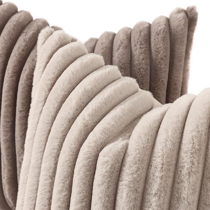 decorUhome Fall Faux Fur Throw Pillow Covers 26x26 Set of 2 Tan | Decorative Soft Cozy Striped Plush Modern Farmhouse Boho Couch Pillow Cases Velvet Back for Sofa Bed Living Room Home Decor