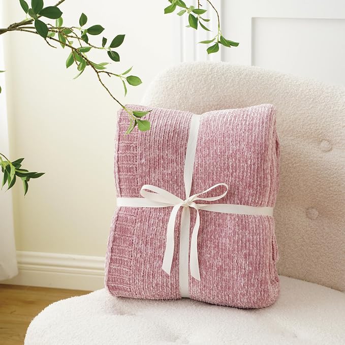 Pink Throw Blanket for Couch, Soft Chenille Throw Blanket 51"x67" | Shiny Chenille Blanket, Cozy Brethable Knit Throw Blanket for Bed Sofa Home Decor