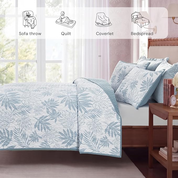 BLOOMHAVEN King Quilt Set-3 Pieces Soft Bedding Floral Reversible Coverlet | All Seasons Lightweight Quilts Queen Size for Bed, Breathable Vintage Bedspread with Shams, Moonstone Blue