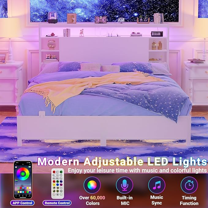 Unikito Queen Size Headboard with Storage, Headboards with Power Outlets and RGB LED Lights, Sturdy Head Board for Queen Size Bed, Stable Headboard Only for Bedroom, Dorm Room, Guest Room, White