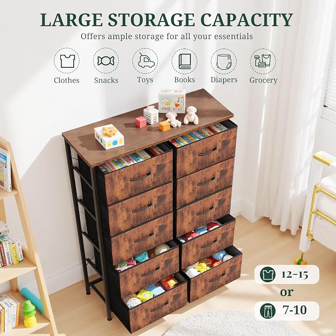 10-Drawer Dresser for Bedroom, Anti-Tip Tall Storage Organizer | Chest of Drawers with Wooden Top and Metal Frame Fabric Bins for Closet, Living Room, Hallway, Entryway, Brown